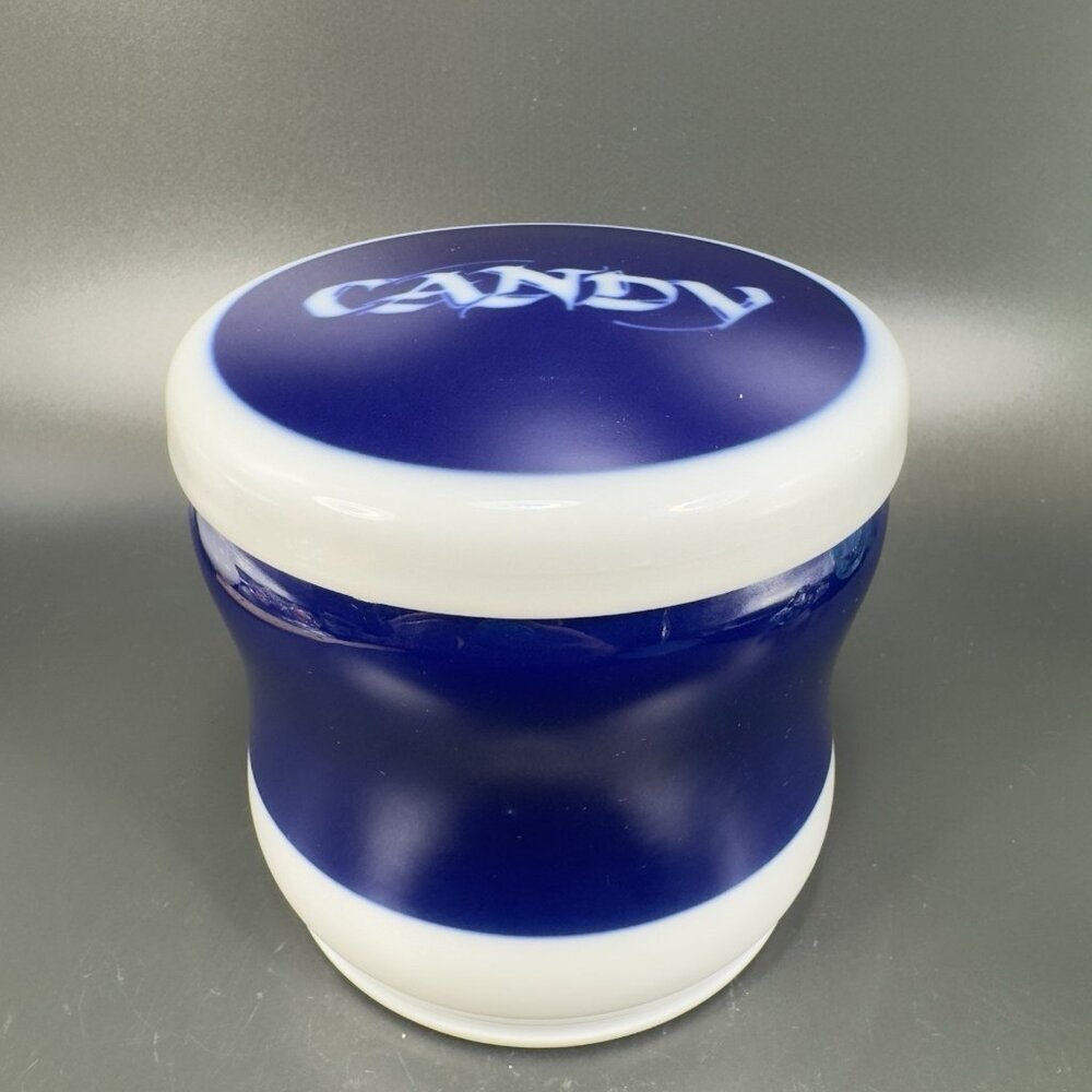 1970s Porsgrund Norway Porcelain Covered Candy Dish Jar Blue White Container VTG